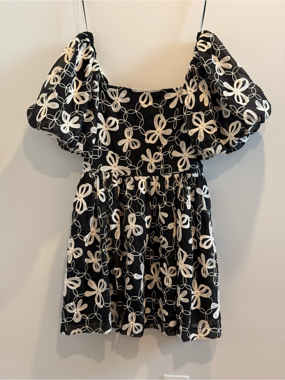 Black Puff-Sleeve Mini Dress with Cream Floral Embroidery